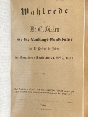 Wahlrede des dr C Giskra fur die landtage candidatur in Brunn 1861 carte veche foto