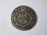 Rară! Spania 2 Reales 1723 Sevilla argint primul tip Felipe V,monedă găurită