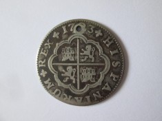 Rară! Spania 2 Reales 1723 Sevilla argint primul tip Felipe V,monedă găurită