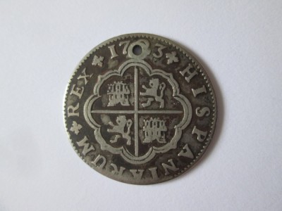 Rară! Spania 2 Reales 1723 Sevilla argint primul tip Felipe V,monedă găurită foto