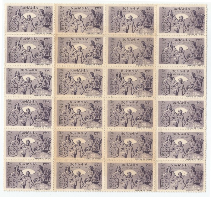 *Romania, lot 613 cu 24 timbre fiscale de ajutor, 1942, bloc, MNH
