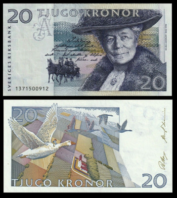 SUEDIA █ bancnota █ 20 Kronor █ 1991 █ P-61a █ UNC necirculata foto