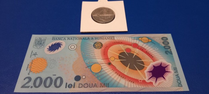Bancnota 2000 lei 1999 +Moneda 500 lei Eclipsa Totala de Soare 11 Aug. 1999
