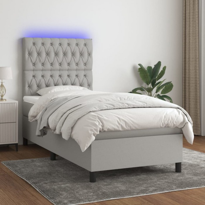 Gossi pat cu arcuri, saltea si led, gri deschis, 100x200 cm, textil