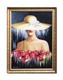 Cumpara ieftin Tablou tanara cu palarie si trandafiri pictat manual inramat, Eleganta, 80x60cm ulei pe panza, Mircea Iordache