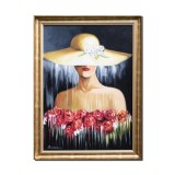 Tablou tanara cu palarie si trandafiri pictat manual inramat, Eleganta, 80x60cm ulei pe panza, Mircea Iordache