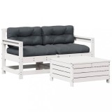 Set mobilier de gradina cu perne, 3 piese, alb, lemn masiv pin