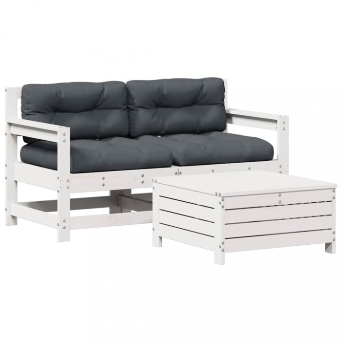 Set mobilier de gradina cu perne, 3 piese, alb, lemn masiv pin