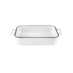 Vas termorezistent din ceramica dreptunghilar pentru cuptor, 27 cm, capacitate 1.5 litri, alb cu margine albastra, Yucca Florina