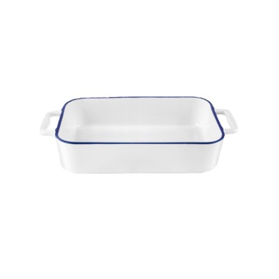 Vas termorezistent din ceramica dreptunghilar pentru cuptor, 27 cm, capacitate 1.5 litri, alb cu margine albastra, Yucca Florina foto