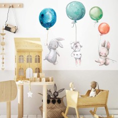 Sticker Decorativ pentru Camera Copiilor - Iepurași cu Baloane Colorate 90 cm 30 cm Albastru Caraibe 1 Set Stickere