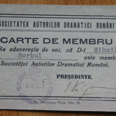 Carte de membru al Societatii Autorilor Dramatici Romani , Mihail Sorbul , 1923