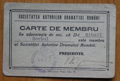 Carte de membru al Societatii Autorilor Dramatici Romani, Mihail Sorbul, 1923 foto