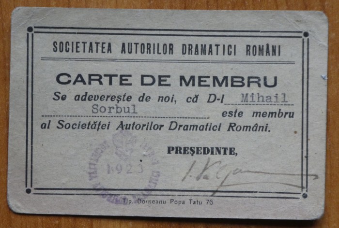 Carte de membru al Societatii Autorilor Dramatici Romani, Mihail Sorbul, 1923