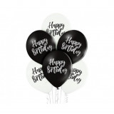Set 6 baloane latex Happy Birthday alb negru 30 cm