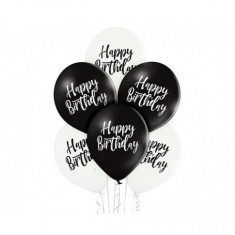 Set 6 baloane latex Happy Birthday alb negru 30 cm