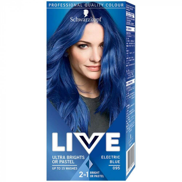 Vopsea Par Semipermanenta LIVE Ultra Brights or Pastel, 095 Electric Blue, 80 ml, Vopsea de Par 2 in 1 Culori Intense sau Pastel, Vopsea de Par Semipe