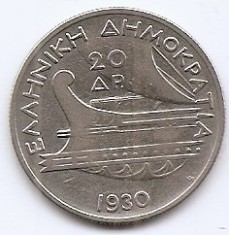 Grecia 20 Drahmai 1930 - Poseidon, Argint 11,31g/500, 28,43 mm KM-73