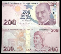 TURCIA 200 LIRE 2024 ( 2009 ) prefix H , UNC [1] P- 227g , necirculata , Semn Guvernator Fatih Karahan , Viceguvernator Osman Cevdet Akcay