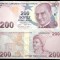 TURCIA 200 LIRE 2024 ( 2009 ) prefix H , UNC [1] P- 227g , necirculata , Semn Guvernator Fatih Karahan , Viceguvernator Osman Cevdet Akcay