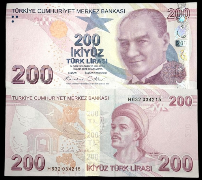TURCIA 200 LIRE 2009 ( 2024 ) prefix H , UNC [1] P- 227g , necirculata