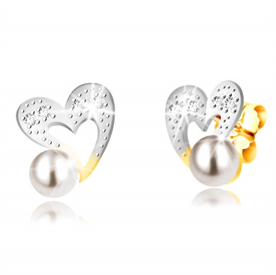 Cercei din aur combinat de 9K &amp;ndash; inimă cu contur neregulat, zirconii, perle, știfturi foto