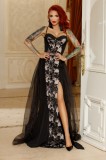 Rochie Lunga Eleganta FOGGI Dantela Tul Broderie Florala Decolteu V Bretele Reglabile Cupe Negru/Crem S/M