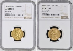 Lot monede AUR 20 lei 1883 si 20 lei 1890 , Carol I, certificate si gradate