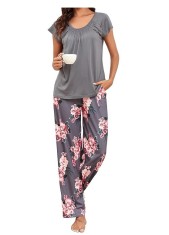 Pijama pentru femei Famulily, pantaloni lungi, tricou cu maneca scurta, model floral, M - OUTLET