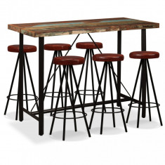 Set mobilier bar, 7 piese lemn masiv reciclat si piele naturala foto