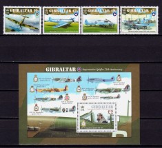 ✅ ( S19 ) Gibraltar 2011 &quot;A 75-a aniversare - avionul Spitfire Supermarine &quot; , serie Mi. 1443/1446 + colita 103 , nominal 5.01 GBP , MNH