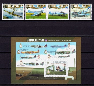 ✅ ( S19 ) Gibraltar 2011 &amp;quot;A 75-a aniversare - avionul Spitfire Supermarine &amp;quot; , serie Mi. 1443/1446 + colita 103 , nominal 5.01 GBP , MNH foto