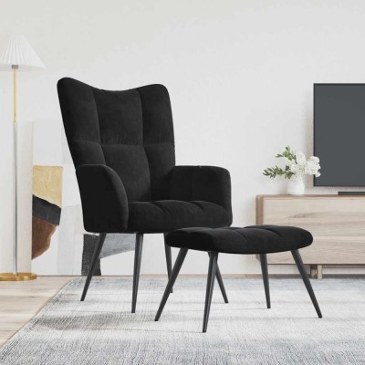 Scaun de relaxare cu taburet, negru, catifea foto