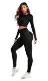 Set Trening Sport, Slim Fit, Crop Top si colanti, Negru - S, Oem