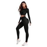 Set Trening Sport, Slim Fit, Crop Top si colanti, Negru - S