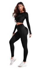 Set Trening Sport, Slim Fit, Crop Top si colanti, Negru - S