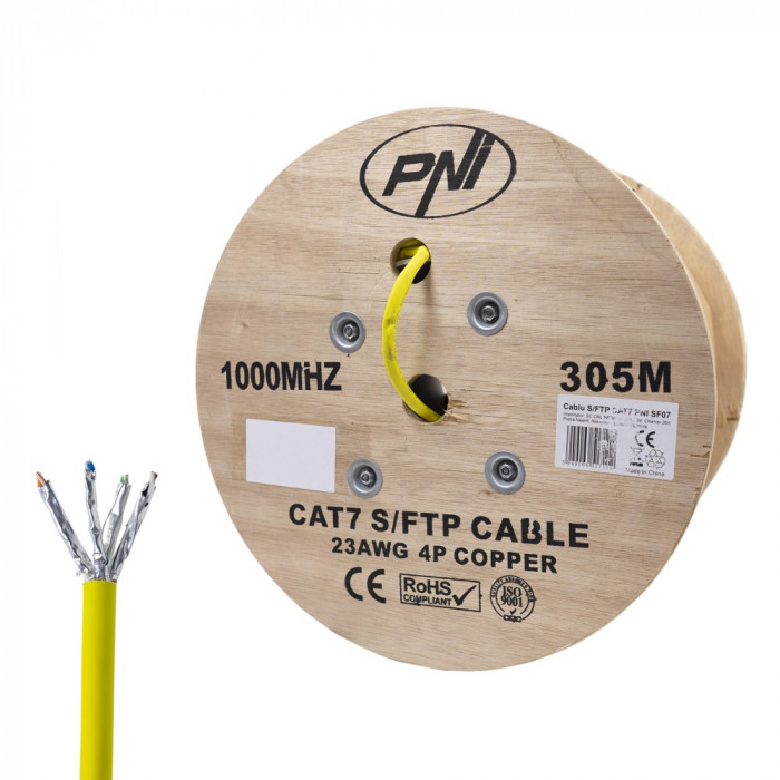 Cablu S/FTP CAT7 PNI SF07, 10Gbps, 1000MHz, pentru internet si sisteme de supraveghere, rola 305m, cupru