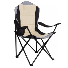 Scaun pliabil camping sau pescuit Premium, cu suport pahar, crem si negru Household NewTrend