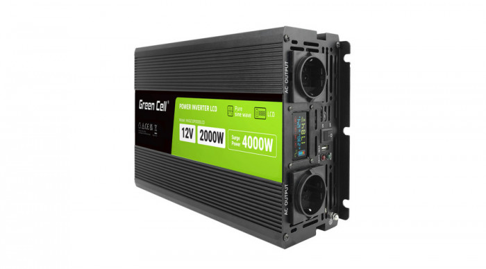 Invertor auto Green Cell de la 12V la 230V Convertor de tensiune (amplificator de tensiune) 2000W/4000W Undă sinusoidală pură, cu afișaj LCD