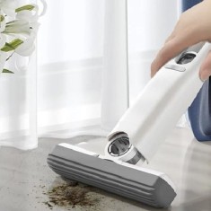 Mini mop portabil, dimensiuni 29 x 14, 5 x 4 cm, cu sistem de auto-stoarcere, stergere usoara multisuprafete / geamuri, din ABS, alb