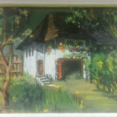 Casa traditionala, miniatura semnat guasa pe carton cu paspartu original 8x10 cm