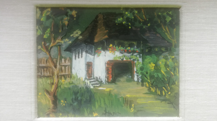 Casa traditionala, miniatura semnat guasa pe carton cu paspartu original 8x10 cm