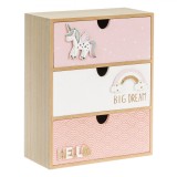 Cutie Depozitare Lemn, Model 3D, 3 Sertare, Unicorn și Curcubeu, Roz/Alb, 21x10x27cm