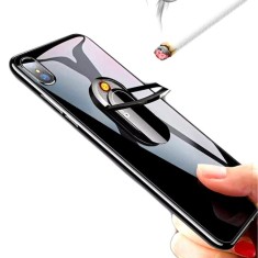 Suport pentru telefon tip inel, autoadeziv, cu magnet si bricheta pentru fumatori, cu incarcare USB, negru