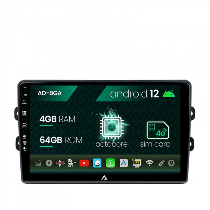 Navigatie Dacia Renault, Android 12, A-octacore 4GB RAM + 64GB ROM, 9 Inch AD-BGA9004+AD-BGRKIT383