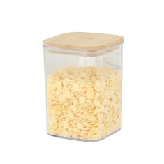 Cutie de Depozitare Alimente, Cyrax, Cutie de tip Container, Cutie pentru Cereale, din Plastic, Capac din Bambuc, 10 x 10 x 14 cm, Volum 0.8 L, Transp