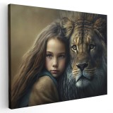 Tablou canvas portret fetita cu leu, maro, crem, gri 1125 Tablou canvas pe panza CU RAMA 50x70 cm