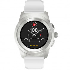 Smartwatch ZeTime Standard 44MM Argintiu Brushed Si Curea Silicon Alba, Ecran Touch Color, Monitorizare Ritm Cardiac, Bluetooth 4.2, Rezistenta la Apa foto