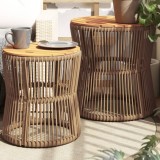 Set 2 Mese Laterale Gradina vidaXL, Poliratan Bej &amp; Lemn Acacia, 50x50cm, Interior/Exterior, Design Elegant, Economie Spatiu