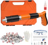Cumpara ieftin Pistol pneumatic mini pentru cuie de perete, 30 cm, calibru 7,3 cm, cu accesorii si cutie de transport, portocaliu